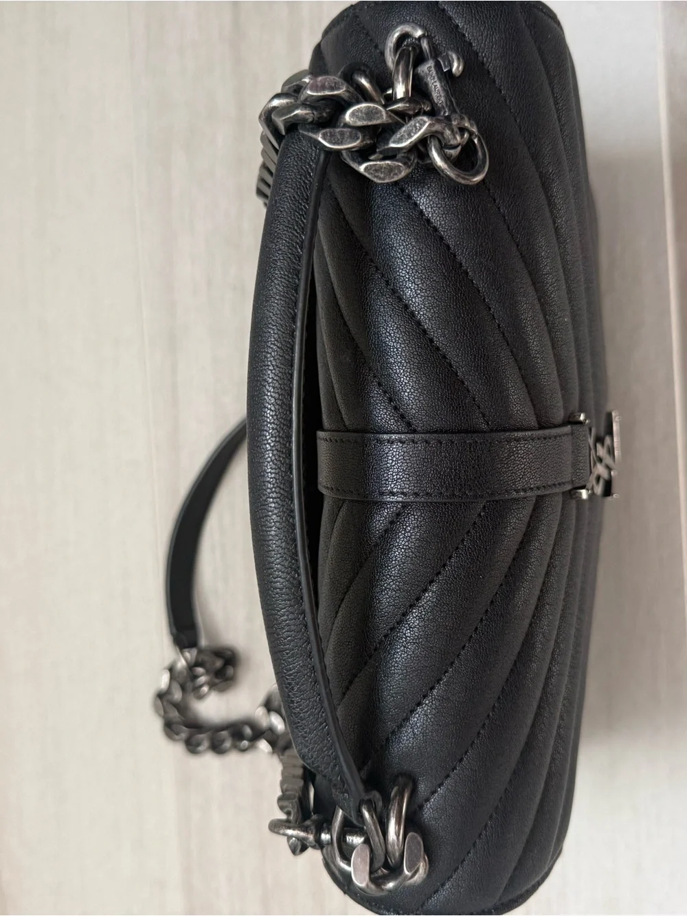 Saint Laurent Black Quilted Chain Crossbody with Silver YSL Logo